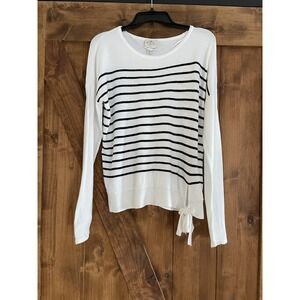 St Johns Bay Striped Knit Sweater Tie Waist White Black Womens Large Resort Wear